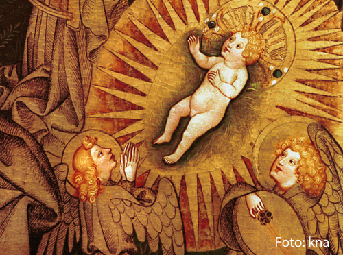 Dieses Bild zeigt den neugeborenen Jesus in einer Krippe liegen.